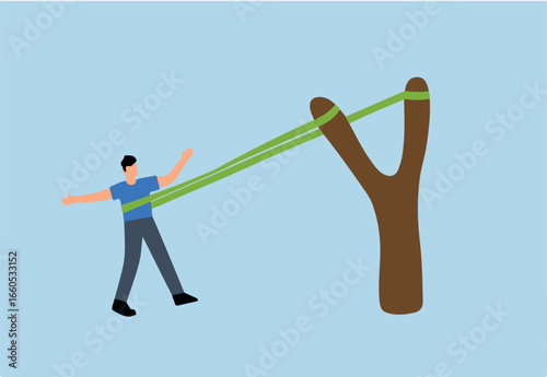 boost career development, The courageous entrepreneur stretches the rubber band in preparation to shoot the slingshot into the air