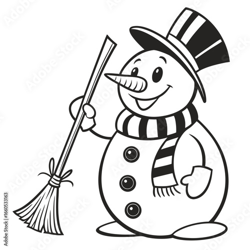 Cheerful Black and White Cartoon Snowman Holding Broom, Winter Holiday Illustration, Festive Clipart