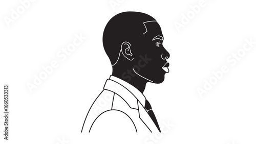 A stylized profile illustration of a man in a suit, depicted in a black silhouette against a white background, highlighting his facial features and attire.