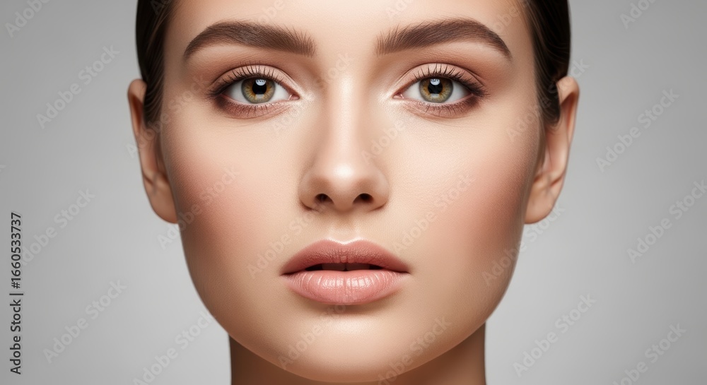 Fototapeta premium Close-up portrait of a young caucasian female with natural makeup on neutral background