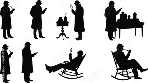Detective silhouette poses, Sherlock Holmes style, magnifying glass, pipe, reading, investigation, mystery, vector art, cad drawing, flat illustration