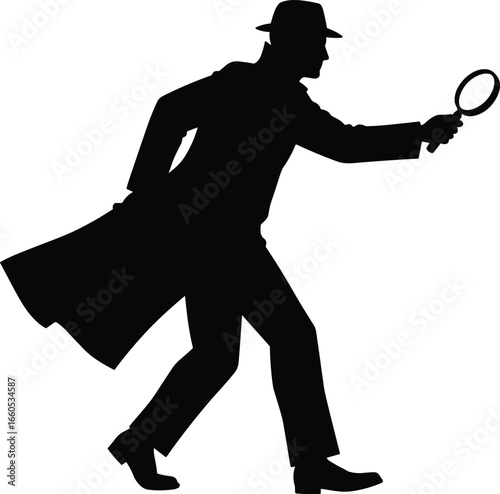 Detective silhouette, magnifying glass, investigation, mystery, search, coat, hat, concept art