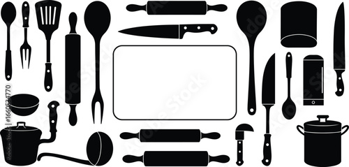 Kitchen utensil silhouettes, cutting board, knives, spoons, forks, spatulas, saucepans, cooking tools, vector line art, cad drawing, flat illustration