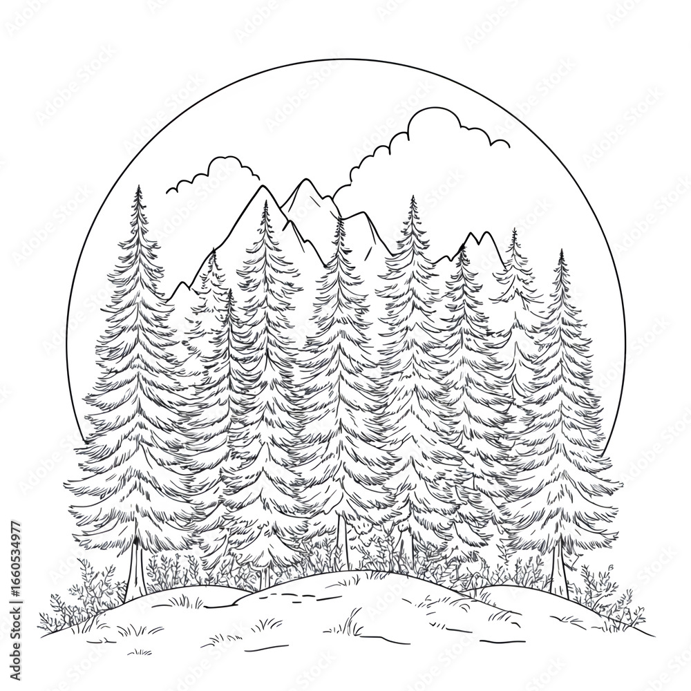 Fototapeta premium Black, White Graphic depicts line drawing of trees and mountain range inside a circle. Perfect for branding, t-shirt design, social media, or website backgrounds.