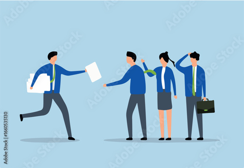 Work delegation, Businessman delegates project assignment to team as a manager.