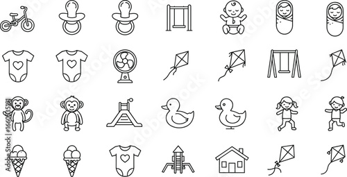 Cute baby and kids icon set, outline style children’s illustrations for nursery, toys, playground, clothing, fun and playtime