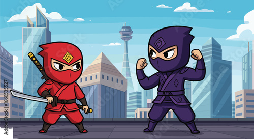 Chibi ninja characters fighting, cute cartoon ninja warriors, samurai sword battle illustration, anime style ninja artwork, red vs purple ninja showdown