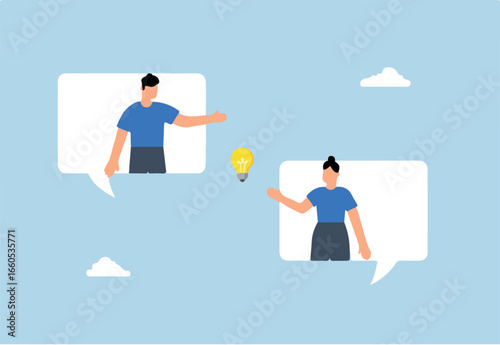 colleague stands on chat bubble and talks about new ideas.