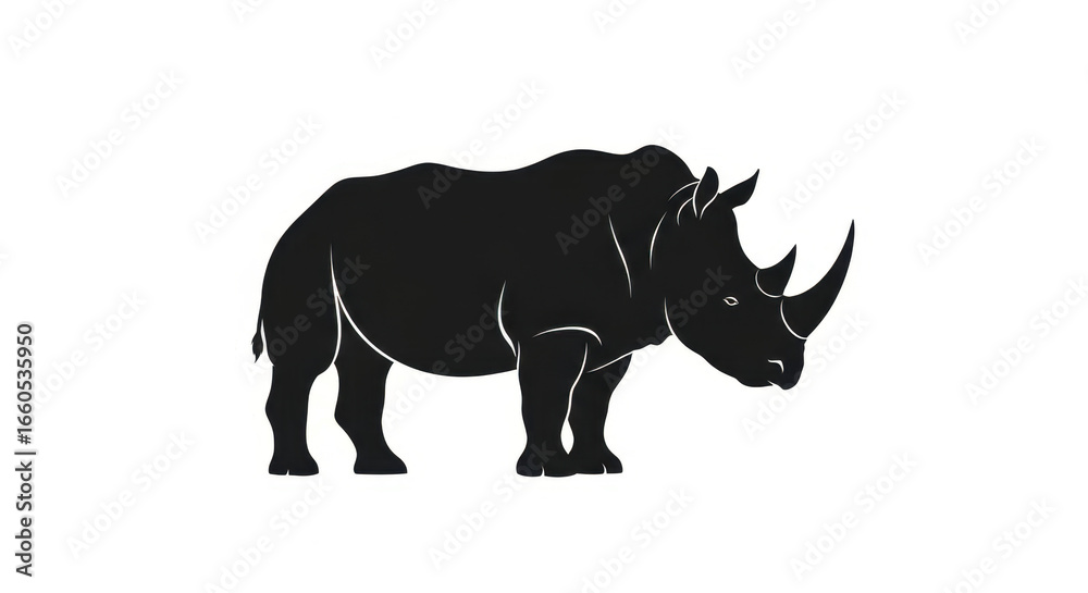 Fototapeta premium Sleek rhinoceros silhouette with horn in focus, modern design element on white background