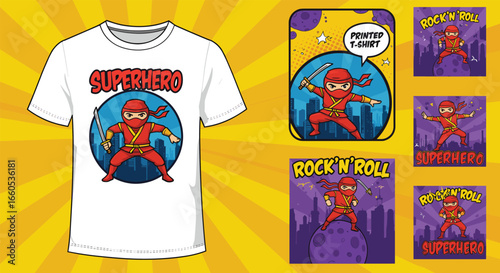 Superhero ninja cartoon t-shirt design, rock and roll ninja artwork, martial arts character, urban warrior illustration, kids clothing graphic print