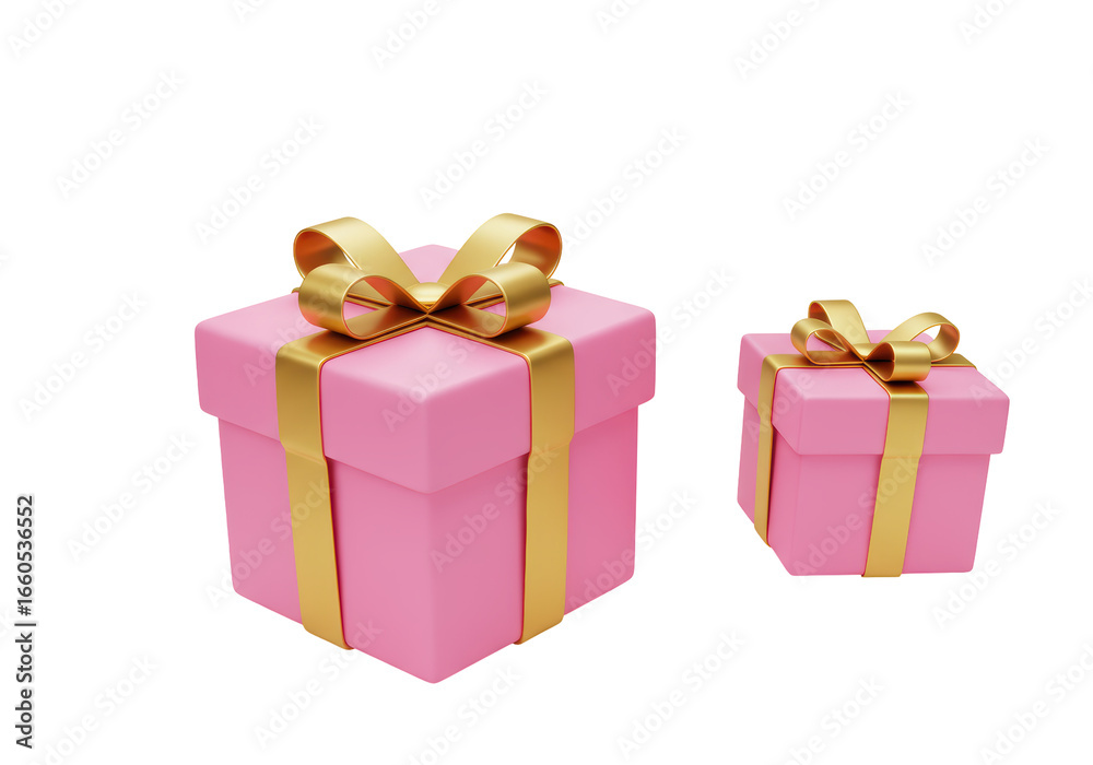 Fototapeta premium Isolated 3D Render of Two Pink Gift Boxes with Golden Ribbons, Celebration and Holiday Presents
