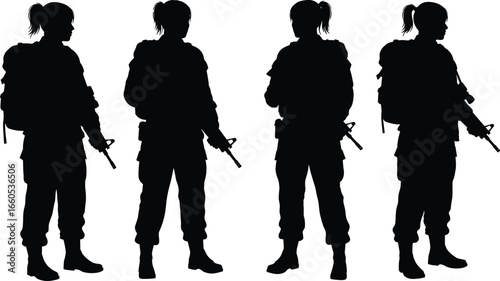 Silhouette of female soldiers in uniform holding rifles, military women illustration, armed forces service, army defense concept, strong warrior stance
