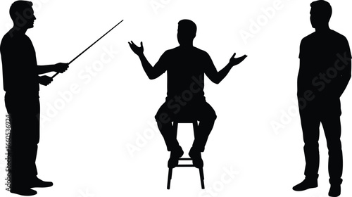 Silhouette of people talking, teacher with pointer, man sitting on chair explaining, standing person listening, education and communication concept vector