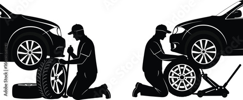 Car mechanic silhouette fixing vehicle tire, auto repair worker vector illustration, garage service man changing wheel with tools and jack