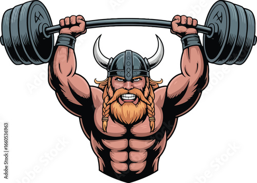 Muscular Viking Warrior Lifting Heavy Barbell Overhead with Horned Helmet strong