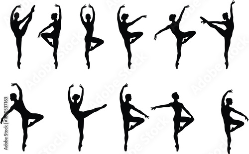 Ballet dancer silhouette vector set, elegant ballerina poses, classical dance movements, performance art illustration, graceful female figure, dance studio clipart