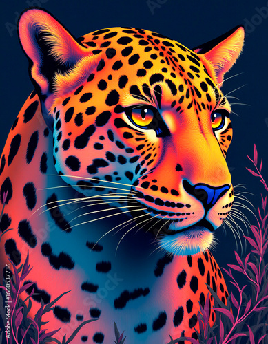 A striking portrait of a leopard features bold colors and intricate patterns. The animal gazes into the distance, surrounded by lush foliage, creating a vivid visual contrast.