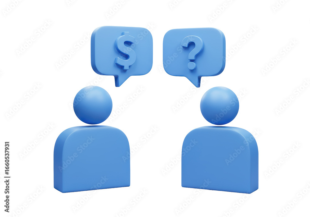 Isolated 3D Render of Two Blue Figures with Speech Bubbles, One with a Dollar Sign and One with a Question Mark, Representing Financial Discussion or Consulting Isolated 3D Render of Two Blue Figures with Speech Bubbles, One with a Dollar Sign and One with a Question Mark, Representing Financial Discussion or Consulting