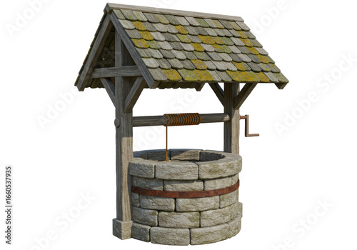 Isolated 3D Render of a Rustic Stone Well with Wooden Roof and Moss, Traditional Water Source and Rural Charm