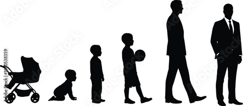 Human life stages evolution silhouette, baby stroller, crawling infant, child, teenager, adult man, businessman growth vector illustration