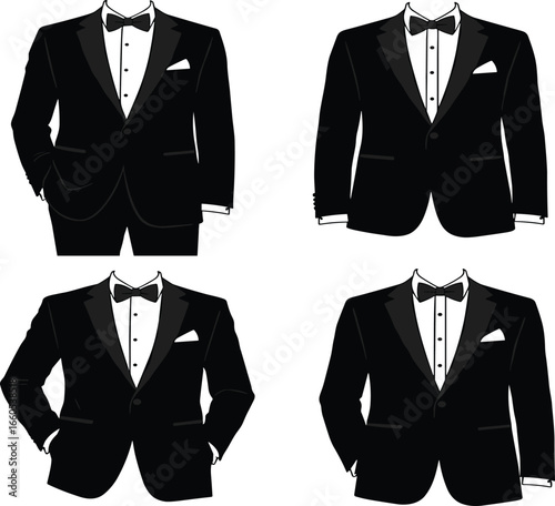 Black tuxedo suits with bow ties, formal menswear fashion vector set for weddings, luxury parties, events, and elegant occasions