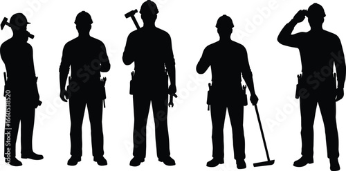 Construction worker silhouettes with tools and safety helmets, industrial labor workforce vector set for engineering, building, repair, and maintenance
