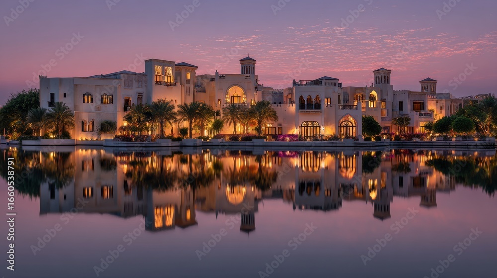 Obraz premium Elegant photo of architectural splendor illuminated against the serene twilight sky reflecting elegantly on the water, capturing peaceful atmosphere and unique design.