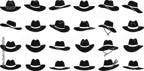 Vector collection of cowboy hat silhouettes, western style hats, and fedora icons for rodeo, country music, wild west, and fashion designs