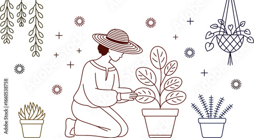 Line art illustration of a woman gardening with potted plants and hanging plants on a white background