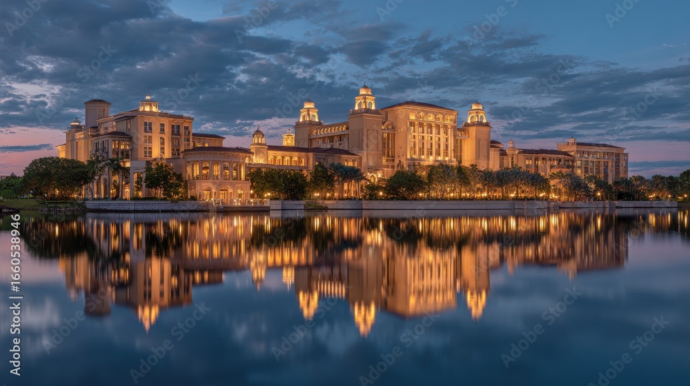 Fototapeta premium Elegant photo of architectural splendor illuminated against the serene twilight sky reflecting elegantly on the water, capturing peaceful atmosphere and unique design.