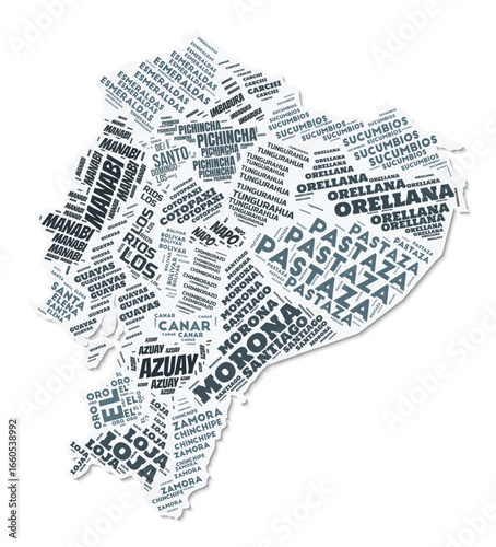 Ecuador shape text cloud. Country border with shadow on white background. Ecuador with regions division in vintage gazette style. Trending vector illustration.