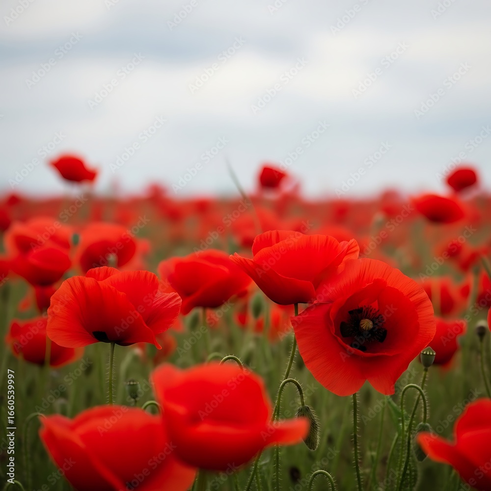 Obraz premium Vibrant Red Poppy Field Evokes Remembrance and Hope, Perfect for Memorials and Spring Designs