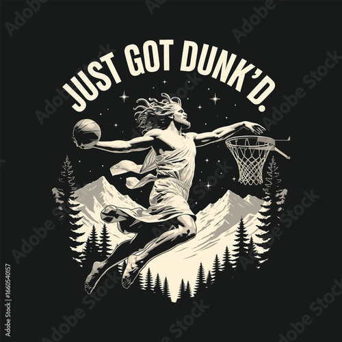 Man in toga dunking basketball with mountains and trees background slam dunk athlete