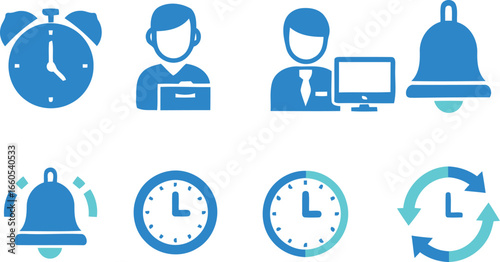 Modern business icons symbolizing time management, tasks, and success in a professional setting