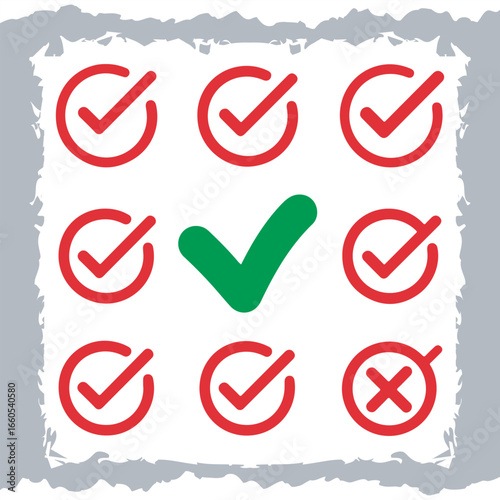 Selection of Graphic Tick and Cross Icons Displaying Choices and Options in Confirmation and Negation Symbols for User Interface Designs
