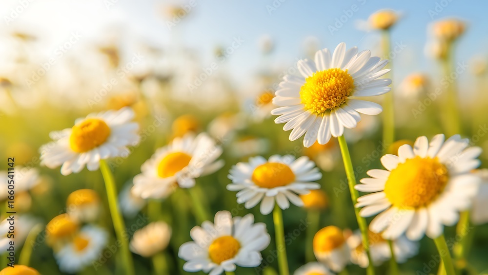 Fototapeta premium Sunlit field of white and yellow daisies in bloom