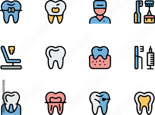 Dental and Oral Health Flat Line Icon Set