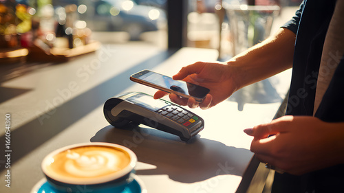 Person using smartphone to pay at a pos terminal with coffee cup on counter in a cafe setting