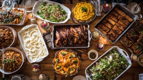 Fototapeta Naklejka Na Ścianę i Meble -  Overhead View of a Bountiful Holiday Dinner on a Rustic Wooden Table Roasted Meat, Mashed Potatoes, Salads, and Vegan Dishes. A Delicious and