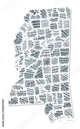 Mississippi shape text cloud. State border with shadow on white background. Mississippi with counties division in vintage gazette style. Artistic vector illustration.
