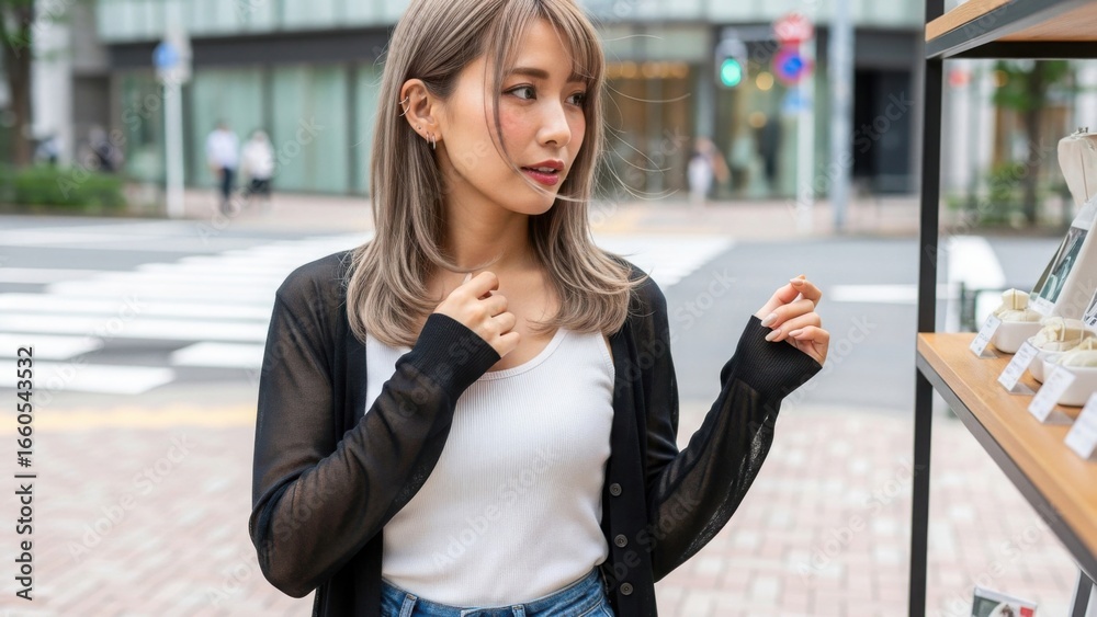 Fototapeta premium 夏の日の街で、店先の商品を眺めるおしゃれな若い女性