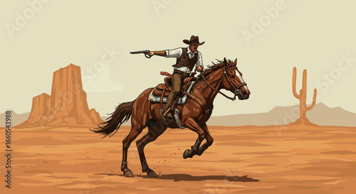 Cowboy Riding Horse with Gun in Desert Landscape Illustration.