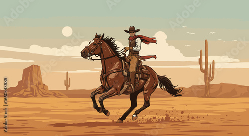 Cowboy Riding a Horse Through the Desert Landscape.
