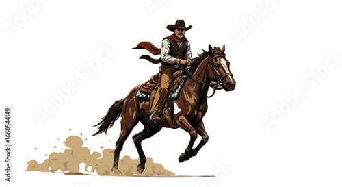 Cowboy Riding a Brown Horse at Full Gallop.