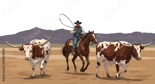 Cowboy Herding Longhorn Cattle with Lasso on the Plains.