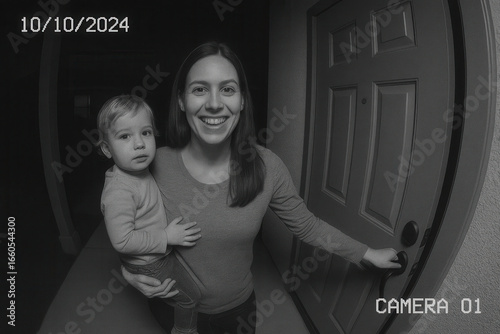 Family joy at home mother and child welcoming visitors with doorbell camera front porch candid moment