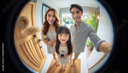Family welcoming guests home entrance doorbell camera indoor eye-level security and connection