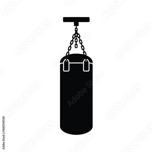 Black punching bag hanging from chains boxing training