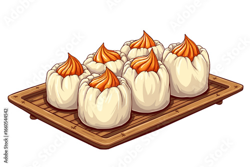 Delicious dim sum is served on a bamboo tray with a transparent background