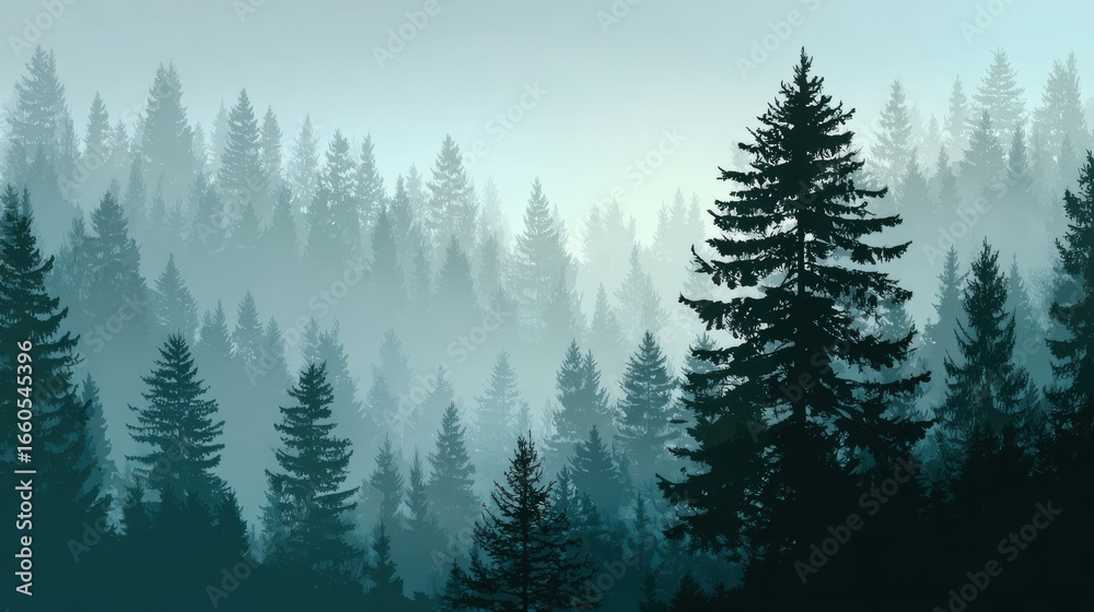 Fototapeta premium Elegant photo of forest background nature landscape pine spruce christmas tree fog evergreen coniferous trees silhouette vector.